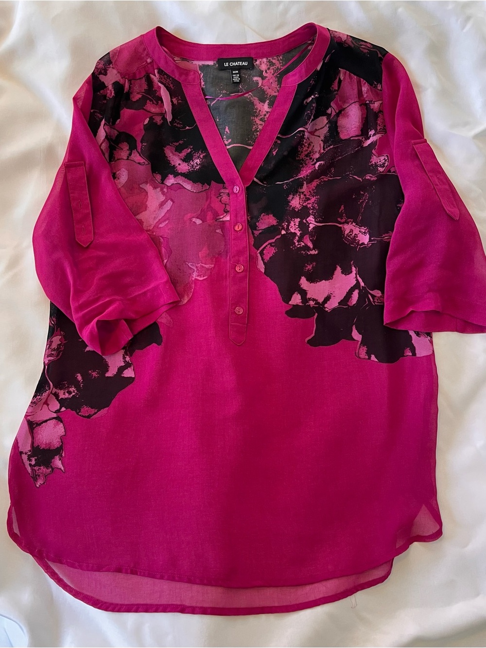 le chateau Fuchsia and Black Floral V-Neck blouse